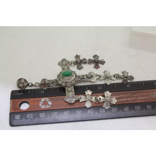 Taxco Mexico .925 S.S. YALALAG WEDDING CROSS w/ green stone pend.