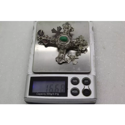 Taxco Mexico .925 S.S. YALALAG WEDDING CROSS w/ green stone pend.