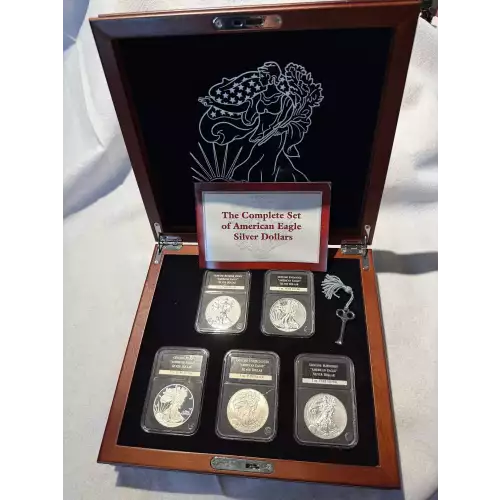 The Complete Set of American Eagle .999 Fine Silver $1 Dollars 5 Coins Wooden Case (2)