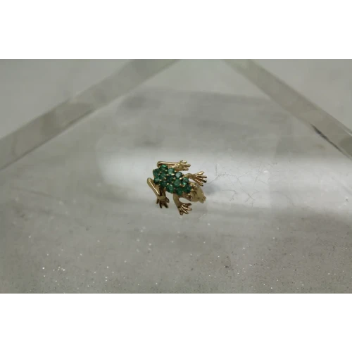 TINY 14k Yellow Gold EMERALD & DIAMOND FROG pin