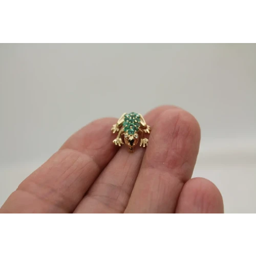 TINY 14k Yellow Gold EMERALD & DIAMOND FROG pin