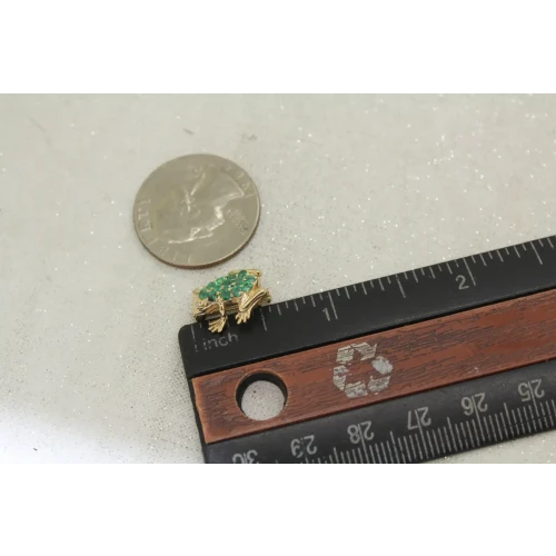 TINY 14k Yellow Gold EMERALD & DIAMOND FROG pin