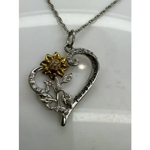 Two Tone .925 S.S. CZ FLOWER HEART YOU ARE MY SUNSHINE necklace 18