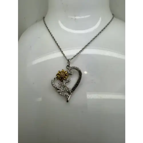 Two Tone .925 S.S. CZ FLOWER HEART YOU ARE MY SUNSHINE necklace 18