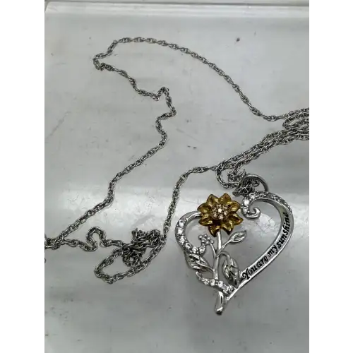 Two Tone .925 S.S. CZ FLOWER HEART YOU ARE MY SUNSHINE necklace 18
