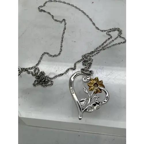 Two Tone .925 S.S. CZ FLOWER HEART YOU ARE MY SUNSHINE necklace 18