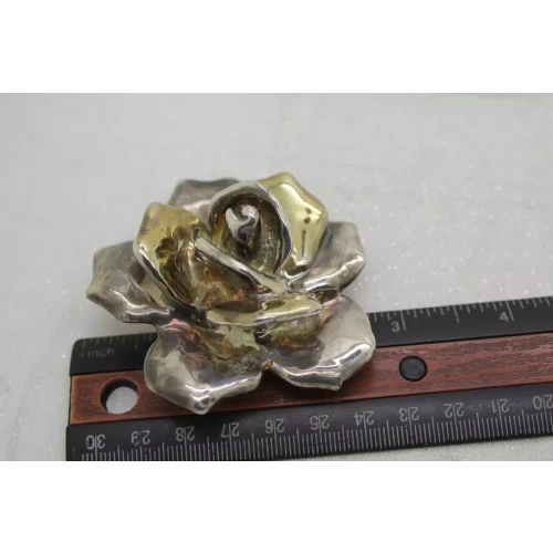 TWO TONE Sterling Silver 3D DIMENSIONAL ROSE FLOWER pendant pin