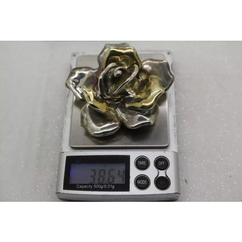 TWO TONE Sterling Silver 3D DIMENSIONAL ROSE FLOWER pendant pin