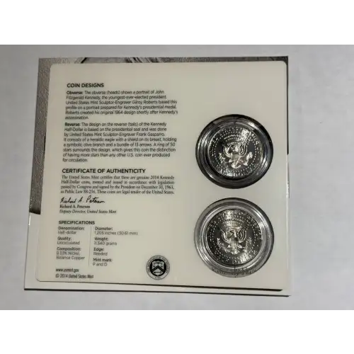 US Mint 50th Anniversary 2014 Kennedy Half Dollar Uncirculated Coin Set (2)