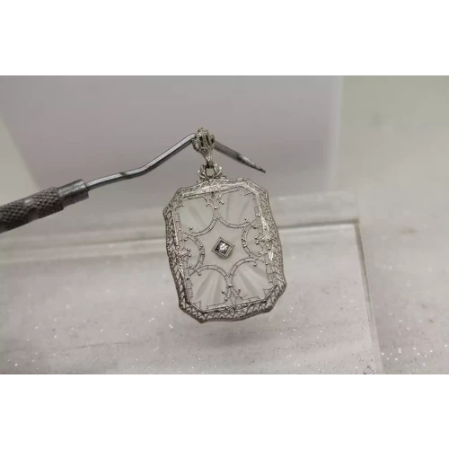 Vintage 14k W.G. CAMPHOR GLASS w/ DIAMOND accent FILIGREE pendant