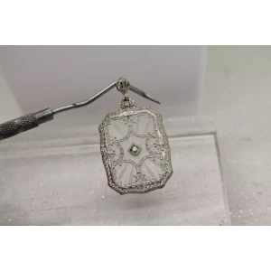 Vintage 14k W.G. CAMPHOR GLASS w/ DIAMOND accent FILIGREE pendant
