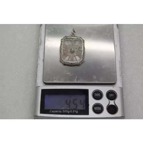Vintage 14k W.G. CAMPHOR GLASS w/ DIAMOND accent FILIGREE pendant (5)