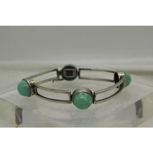 Vintage .925 S.S. OPEN WORK LINK PEARLIZED GREEN GLASS bracelet 7 1/2