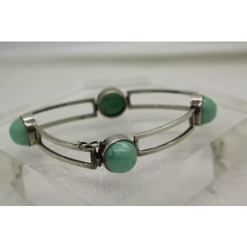 Vintage .925 S.S. OPEN WORK LINK PEARLIZED GREEN GLASS bracelet 7 1/2