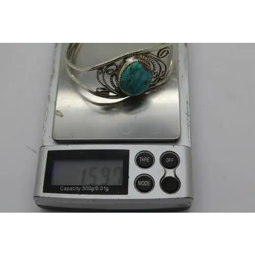 Vintage .925 S.S. OPEN WORK SWIRL DESIGN TURQUOISE CUFF (5)