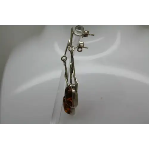Vintage .925 S.S. Oval Cut BALTIC AMBER DROP DANGLE earrings