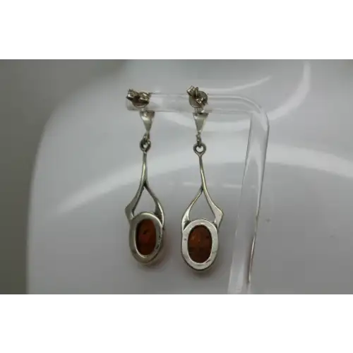 Vintage .925 S.S. Oval Cut BALTIC AMBER DROP DANGLE earrings