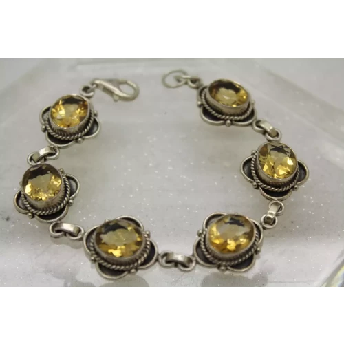 Vintage .925 Sterling Silver Oval Cut CITRINE LINK DESIGN bracelet 7 1/2
