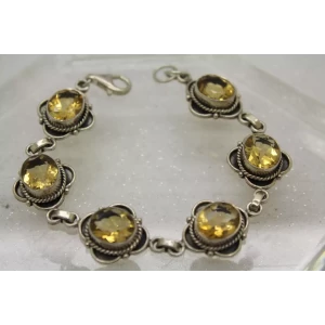 Vintage .925 Sterling Silver Oval Cut CITRINE LINK DESIGN bracelet 7 1/2