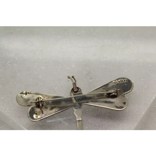 Vintage ALPACA MEXICO SILVER ABALONE DRAGONFLY pin, Purple & Blue