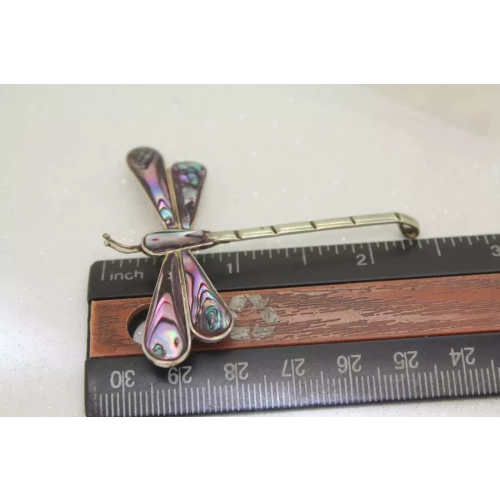 Vintage ALPACA MEXICO SILVER ABALONE DRAGONFLY pin, Purple & Blue