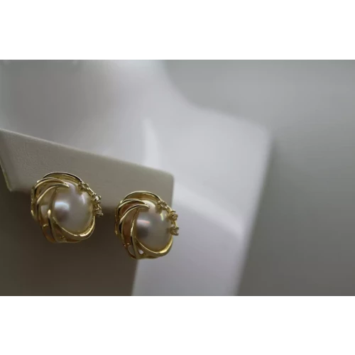 Vintage Signed ATL 14k Yellow Gold MOTHER of PEARL & DIAMOND earrings