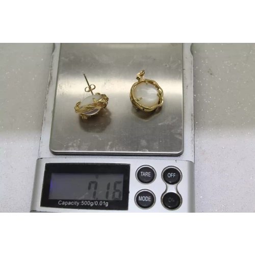 Vintage Signed ATL 14k Yellow Gold MOTHER of PEARL & DIAMOND earrings