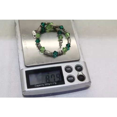 Vintage Sterling Silver & GREEN GLASS BEADED bracelet 7 1/2