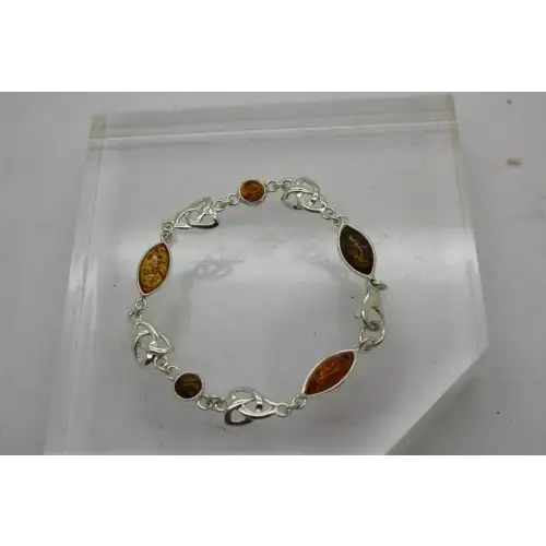 Vtg. .925 S.S. BALTIC AMBER TRIQUETRA CELTIC KNOT LINK bracelet