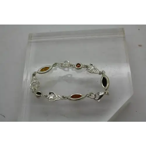 Vtg. .925 S.S. BALTIC AMBER TRIQUETRA CELTIC KNOT LINK bracelet