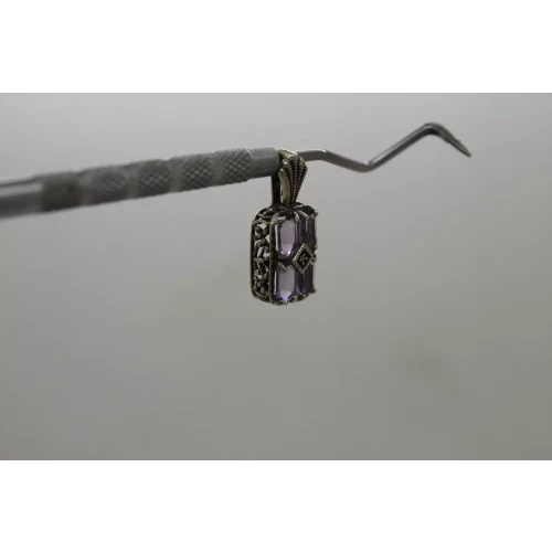 Vtg. .925 S.S. Emerald Cut AMETHYST w/ acc. Diamond FILIGREE pendant