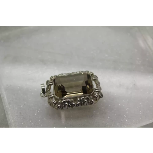 Vtg. .925 S.S. Emerald Cut SMOKY TOPAZ FLORAL BEZEL pendant