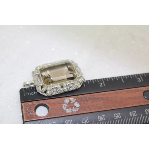 Vtg. .925 S.S. Emerald Cut SMOKY TOPAZ FLORAL BEZEL pendant