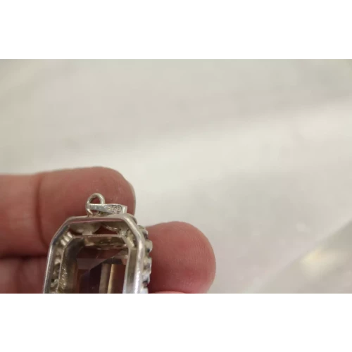 Vtg. .925 S.S. Emerald Cut SMOKY TOPAZ FLORAL BEZEL pendant