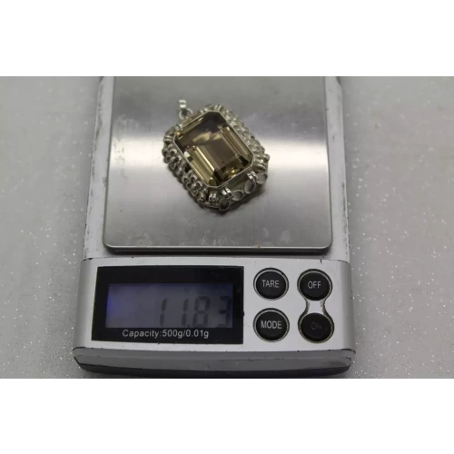 Vtg. .925 S.S. Emerald Cut SMOKY TOPAZ FLORAL BEZEL pendant