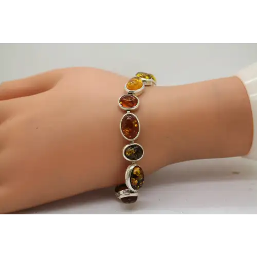 Vtg. .925 S.S. MULTI COLOR BALTIC AMBER OVAL LINK bracelet 7 1/2