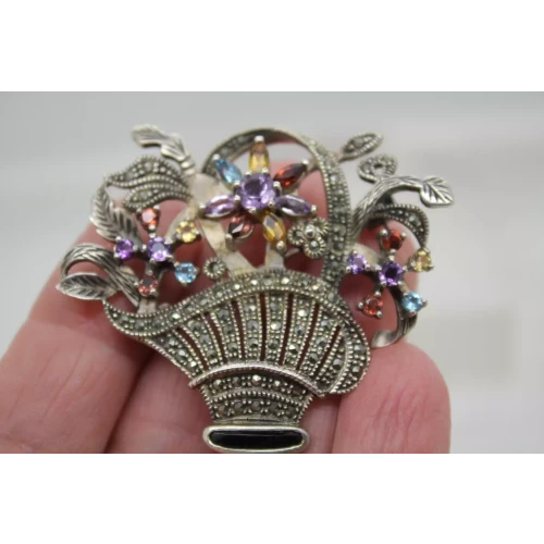 Vtg. .925 S.S. MULTI GEMSTONE & MARCASITE FLOWER BASKET pin brooch