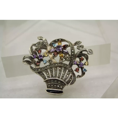 Vtg. .925 S.S. MULTI GEMSTONE & MARCASITE FLOWER BASKET pin brooch (2)