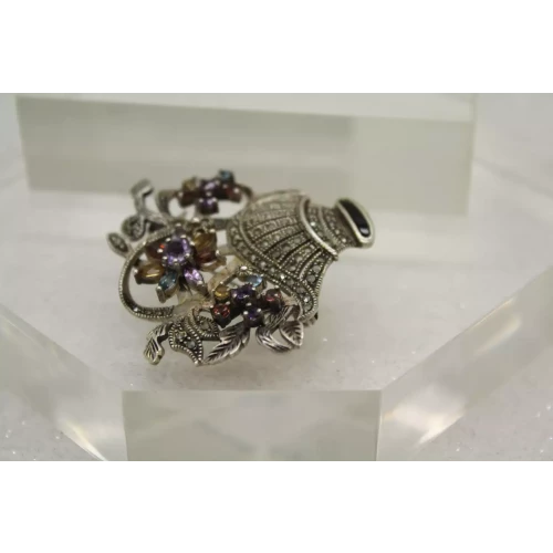 Vtg. .925 S.S. MULTI GEMSTONE & MARCASITE FLOWER BASKET pin brooch (3)