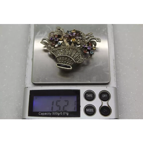 Vtg. .925 S.S. MULTI GEMSTONE & MARCASITE FLOWER BASKET pin brooch (5)