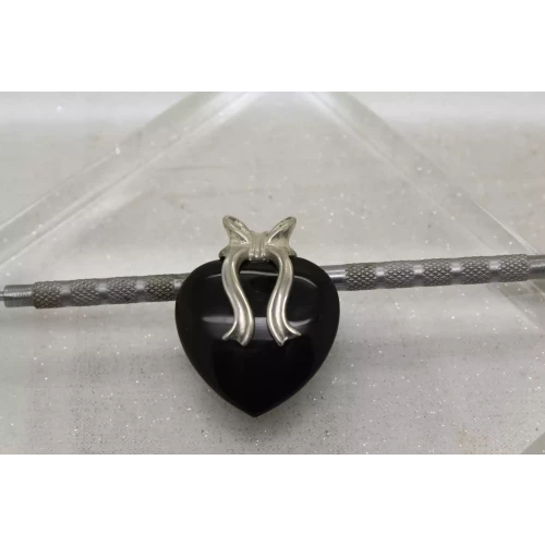 Vtg. .925 S.S. PUFFY BLACK ONYX HEART pendant BOW DESIGN