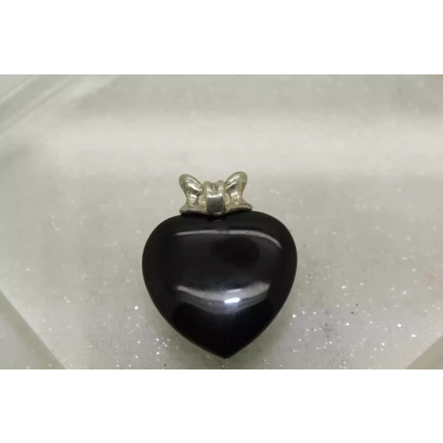 Vtg. .925 S.S. PUFFY BLACK ONYX HEART pendant BOW DESIGN