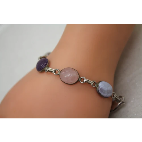 VTG. .925 S.S. SCARAB Bracelet AMETHYST, ROSE QUARTZ, MOP, BLUE AGATE