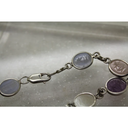 VTG. .925 S.S. SCARAB Bracelet AMETHYST, ROSE QUARTZ, MOP, BLUE AGATE