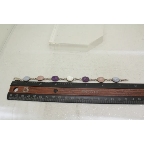 VTG. .925 S.S. SCARAB Bracelet AMETHYST, ROSE QUARTZ, MOP, BLUE AGATE