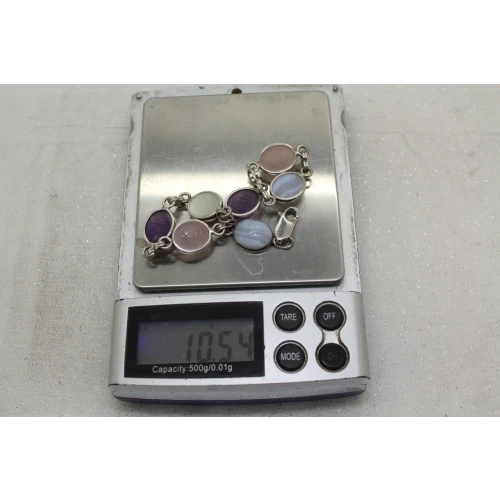 VTG. .925 S.S. SCARAB Bracelet AMETHYST, ROSE QUARTZ, MOP, BLUE AGATE