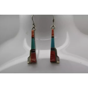 Vtg. .925 S.S. TURQUOISE, CORAL & ONYX MOSAIC INLAY dangle earrings