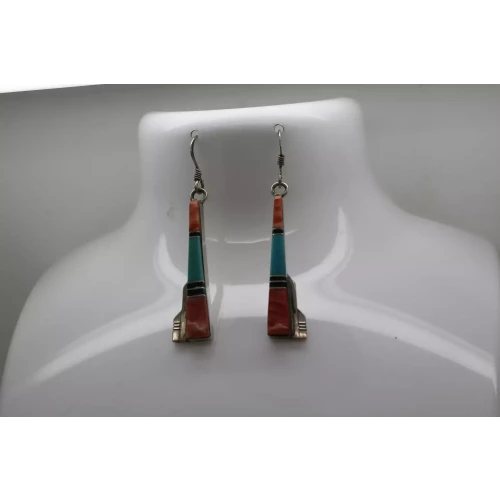 Vtg. .925 S.S. TURQUOISE, CORAL & ONYX MOSAIC INLAY dangle earrings