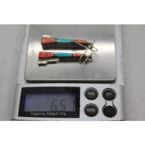 Vtg. .925 S.S. TURQUOISE, CORAL & ONYX MOSAIC INLAY dangle earrings