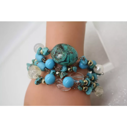 Vtg. .925 S.S. TURQUOISE, PEARL, QUARTZ MULTI STRAND bracelet 8